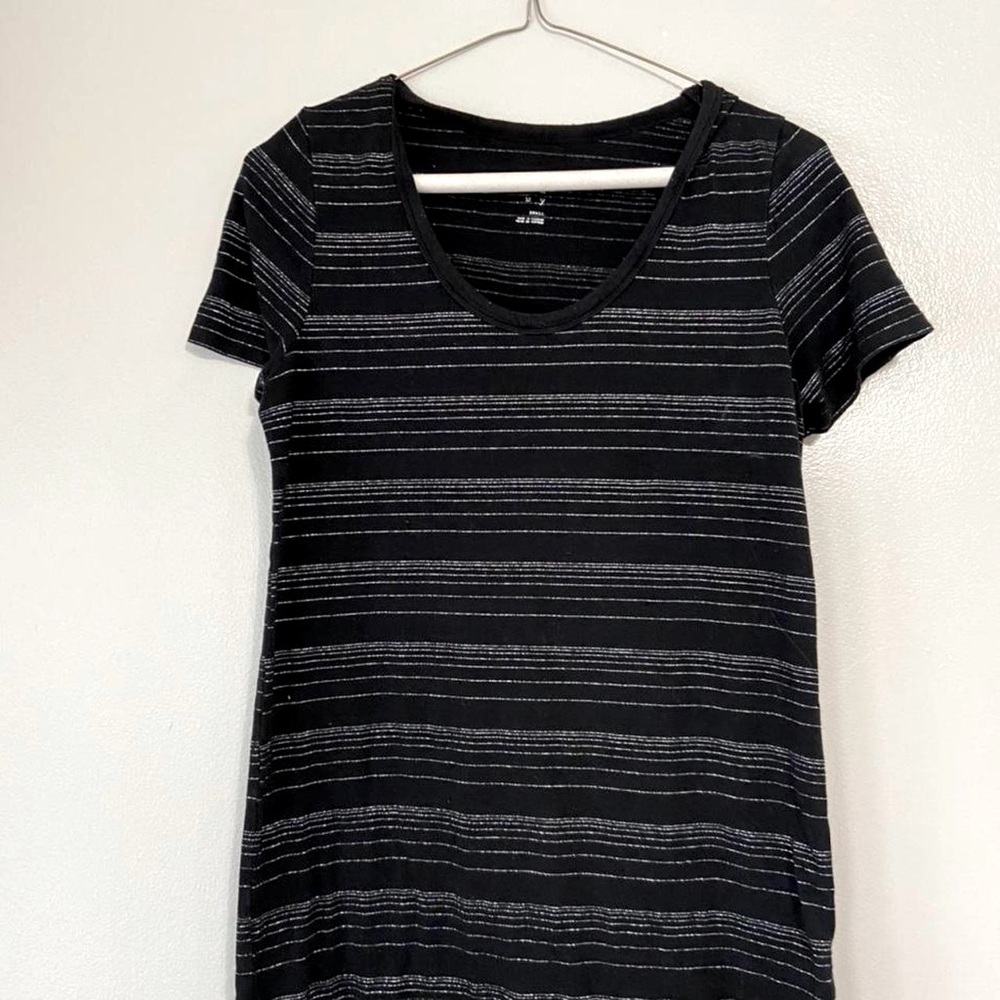 A New Day Scoop Neck Black and Sparkly Silver Striped T shirt |